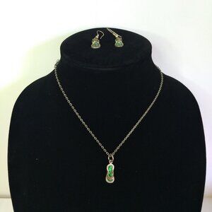 Silver Tone Green Inlay Sandals Earrings Necklace Set Vacation Beach Resortwear